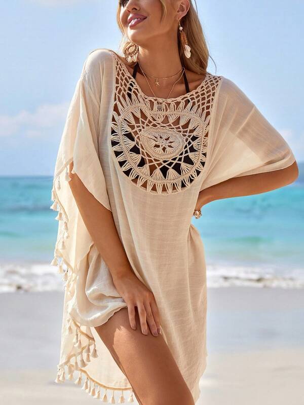 Swim Lushoire Summer Beach Crochet Panel Fringe Decorated Cover Up Dress Wedding