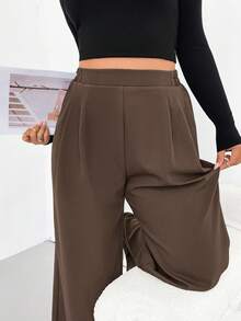 Shapeblank Plus-Size Women's/Fashionable Casual Loose Comfortable Everyday Basic Versatile Elastic Waist Brown Wide-Leg Pants Outfits,Women Bottom,Old Money Style,Work Pants Spring - Brown - View 6