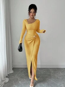 Elenzga Váy dài xoắn màu trơn thời trang dành cho nữ, váy bó sát kết cấu dệt kim cổ không đều, váy thiết kế xoắn và xẻ tà, trang phục sang trọng dành cho nữ, quần áo mùa thu dành cho nữ, quần áo kín đáo mùa đông dành cho nữ - Màu vàng ngỗng - Xem 7