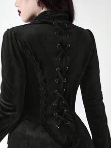 ROMWE Gothic Retro Palace Style Contrast Color Lace Trim Velvet Long Jacket For Women - Black - View 8