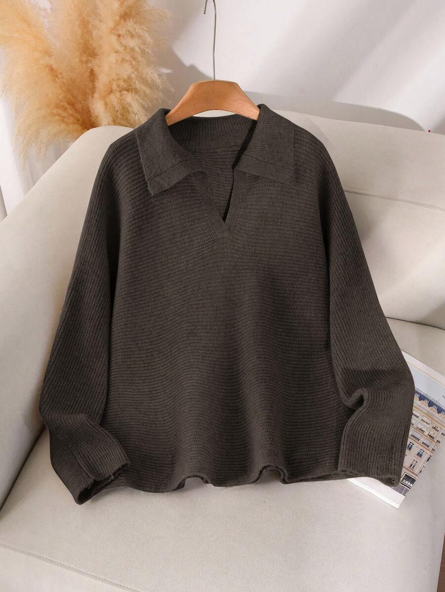 CosyJoli Plus Size Women's Solid Color Turndown Collar Long Sleeve Loose Casual Pullover Sweater, Lightweight Knit Ribbed Sweater, Fall/Winter Brown Sweater - Coffee Brown - View 1