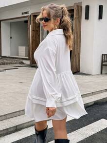 Lounesse Plus Size Women V-Neck Beige Pleated Hem Dress Romantic - Beige - View 2