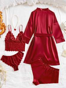 SHEIN Bộ đồ ngủ nữ 5 món, Bộ đồ ngủ ren hoa màu trơn thanh lịch - Áo hai dây cổ chữ V bán trong suốt, Quần lót tam giác, Quần short satin, Áo choàng dài tay có thắt lưng, Đồ ngủ nữ mặc nhà - Màu Đỏ Sâu - Xem 2