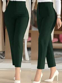 Pantalon de pinzas para mujer con tejido ligeramente elástico y diseño de cintura alta - Verde Oscuro - Ver 1