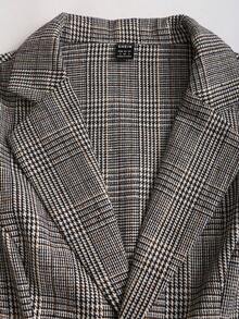 Sweetra Women's Retro Elegant Daily Casual And Commuting Outfit Two Pieces Set, Houndstooth Blazer Jacket Paired With Brown Pleated Skirt, Autumn/Winter - Multicolor - View 4