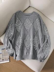 CosyJoli 大码女式休闲亮片菱形针织落肩宽松套头衫，秋冬亮片套头衫灰色亮片毛衣闪亮灰色毛衣灰色套头衫女式亮片毛衣女式毛衣灰色亮片毛衣