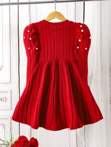 Girls Red A-Line Round Neck Long Sleeve Short Dress With Pearl And Flower Details For Winter Vacation - Red - View 2