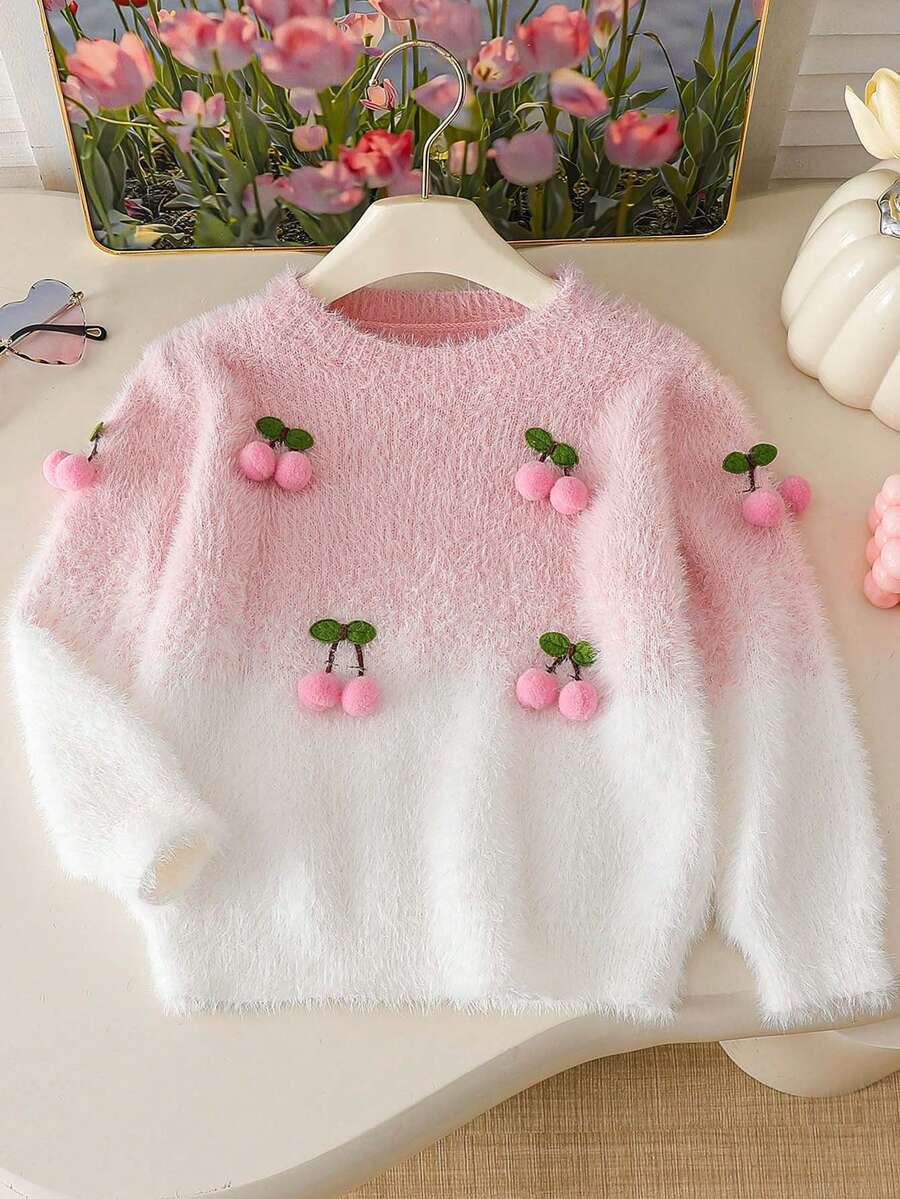 Genkimix Kids Young Girl 3D Cherry Patterned Casual Loose Round Neck Gradient Long Sleeved Sweater, Fashionable Winter - Multicolor - View 1