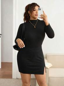SHEIN Frenchy Falda ajustado con abertura alta y dobladillo envuelto, talla grande, para primavera - Negro - Ver 4