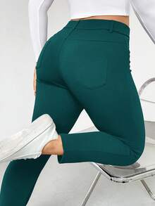 SHEIN Essnce Plus Size Women's Spring And Summer Fashion Casual Comfortable Basic Daily Versatile Slim High Elastic Tights,Women Bottom,Curve Pants,Work Pants,Office For Women,Airport For Women,Minimalist Style,Teacher,Stretch Comfort Pants - Dark Green - View 1