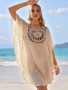 Swim Lushoire Summer Beach Crochet Panel Fringe Decorated Cover Up Dress Wedding