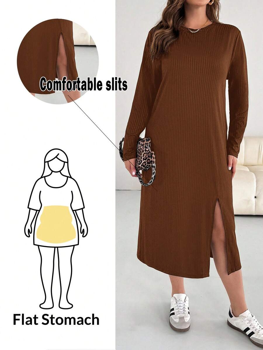 SHEIN Essnce 大码女装春秋季时尚休闲宽松舒适基础款日常百搭显瘦腋下面料黑色长袖开衩中长连衣裙，简约风格，秋季服装 - 棕色 - 查看 1