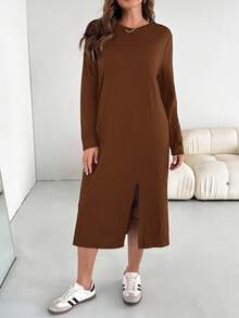 SHEIN Essnce 大码女装春秋季时尚休闲宽松舒适基础款日常百搭显瘦腋下面料黑色长袖开衩中长连衣裙，简约风格，秋季服装 - 棕色 - 查看 5
