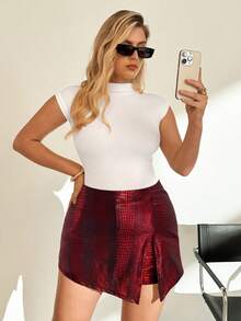 SHEIN Essnce Plus Size Ladies Casual PU Slit Skirt, Summer For Women Carnival - Red - View 5