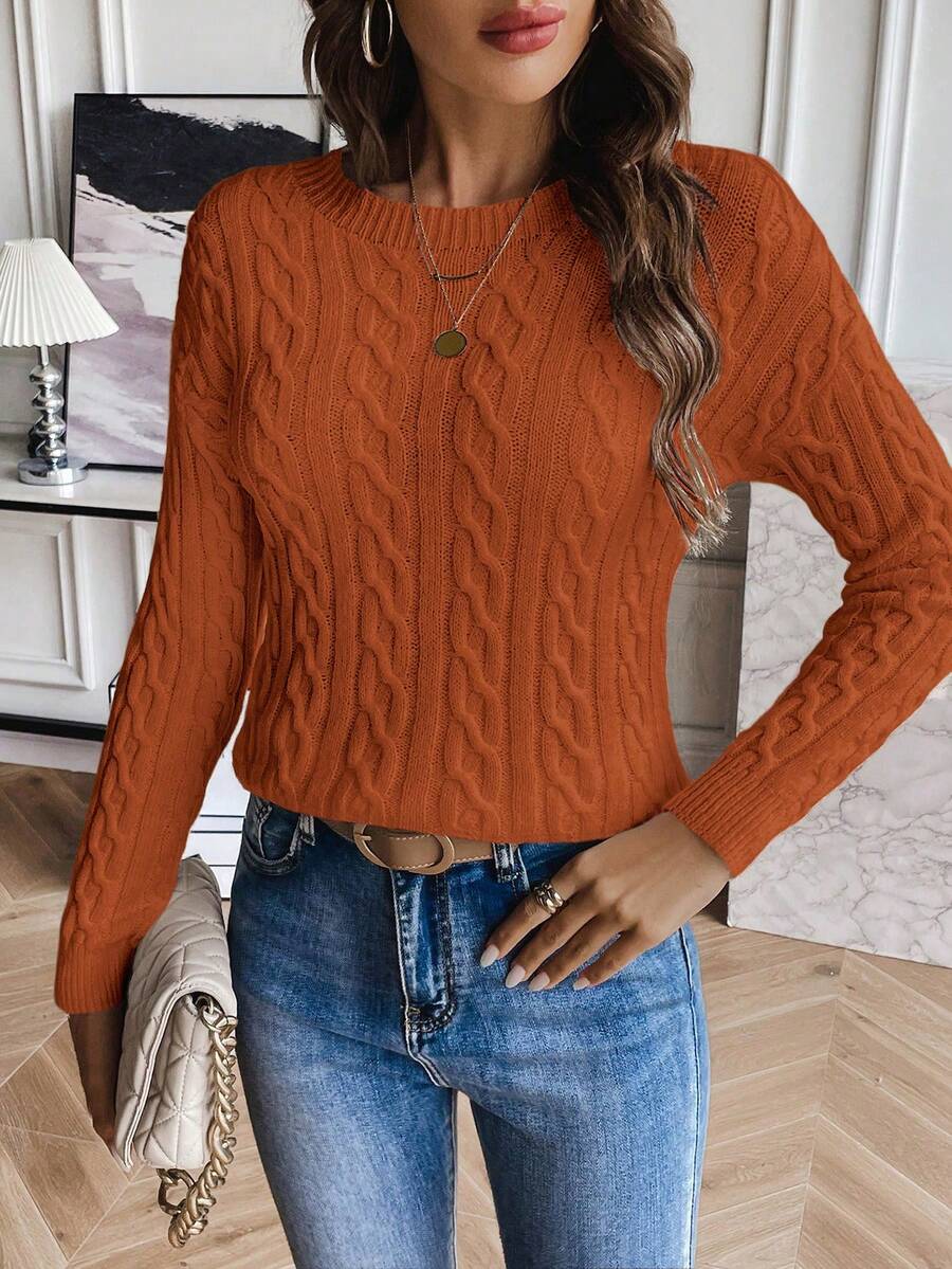 SHEIN LUNE Solid Color Crew Neck Twist Knit Casual Pullover Sweater - Orange - View 1