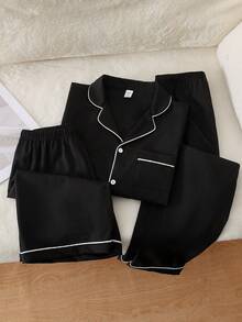 Teen Boys Pajamas-2 Piece Pajama Set Black Piped Collar Long Sleeve Button Top With Chest Pocket Elastic Waist Straight Long Pants Home Sleepwear Four Seasons 2026 New Year Holiday Essential Casual Minimalist