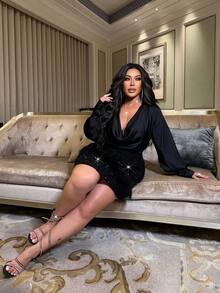 NU&NOW Plus Size Women's Two Pieces Set: A Satin Draped Collar Long-Sleeved Top Paired With A Feather Sequined Mini Skirt, Suitable For Occasions Such As New Year's, Banquets, Parties, And Wedding Guests. - Black - View 6