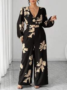 Elenzga Fashionable Autumn/Winter French Romantic Vintage Casual & Commute V-Neck Printed Waist Cinched Puff Sleeve Jumpsuit