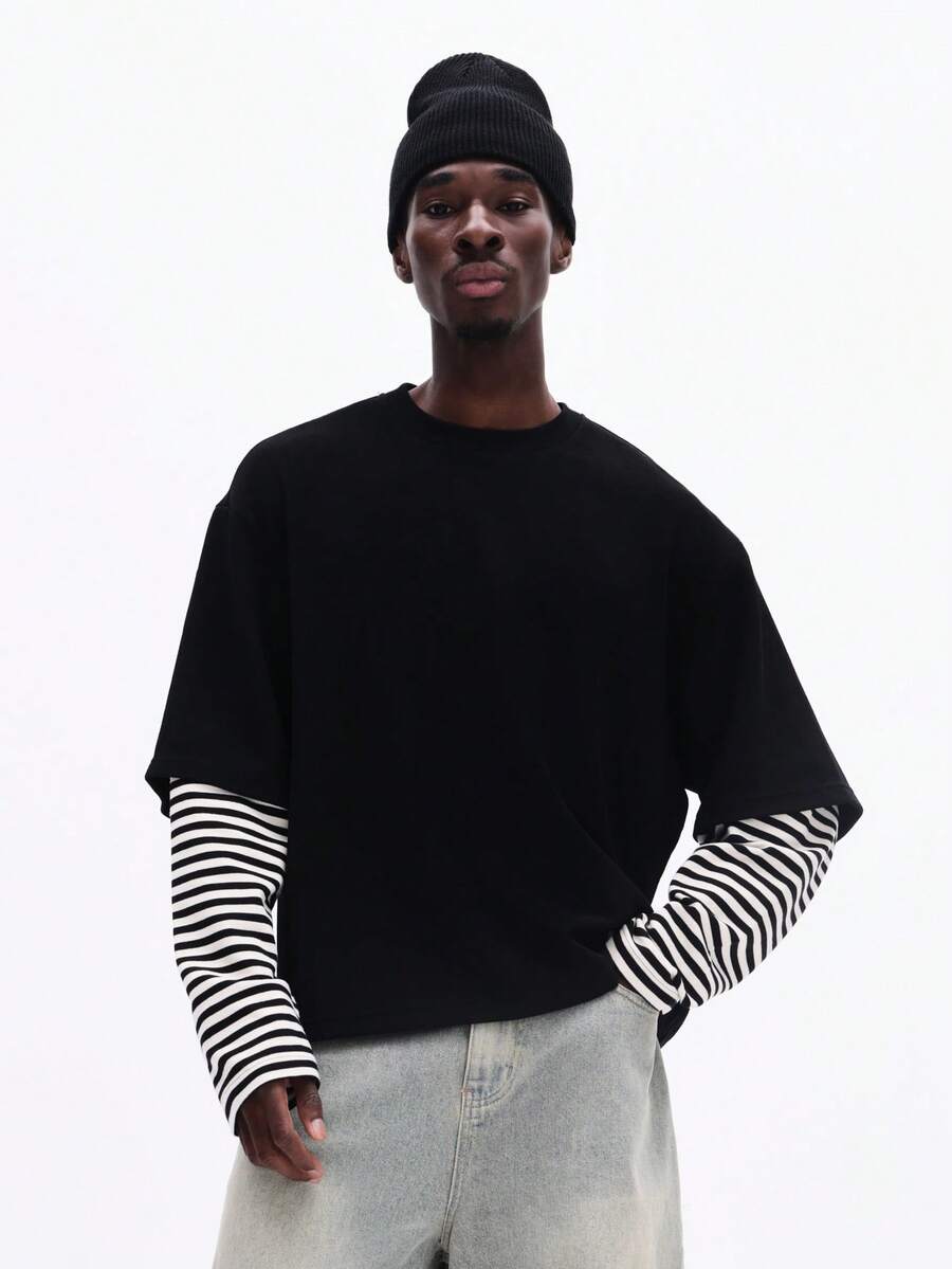 SUMWON Long Sleeve Layered Look Crew Neck T-Shirt With Striped Under Layer Sleeves Casual Everyday Streetwear Plain - Black - View 1