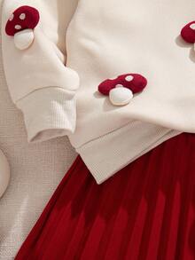 Souflis 2025秋冬法式复古两件套-红色蘑菇图案上衣&红色百褶裙，女婴 - 杏色 - 查看 5