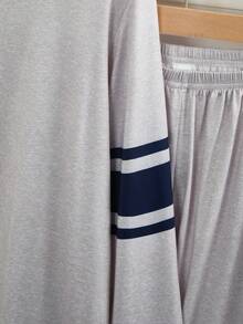 Teen Boys Sport Stripe Loungewear Set,Gray Navy 2-Piece Combo Round Neck Long Sleeve Top&Loose Pants Pajama Set For Winter Holiday New Year Essential - Light Grey - View 5