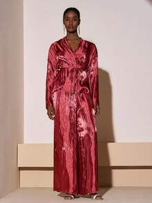 Zivah 2025秋冬新款音乐节、复活节、圣帕特里克节、西部风、游牧风、生日派对、毕业典礼、学院风、学生装、日常穿着、百搭、休闲、度假、邮轮旅行、海滩、日光浴、爆款、街头风、婚礼宾客波西米亚风、通勤、早午餐、机场、Y2K、复古破旧风 - 长袖系腰衬衫和阔腿裤两件套，亮面面料 - 酒紅色 - 查看 6