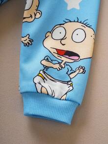 Nick 90s | SHEIN Baby Boy Cartoon Figure Graphic Cute Blue Long Sleeve Hoodie And Pants Set - Blue - View 5
