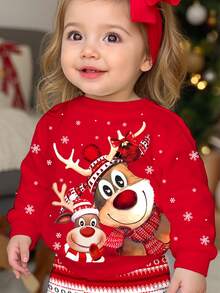 Baby Girl Christmas Outfit Red Autumn Funny Graphic Matching Family Cartoon Reindeer Pattern Fun Fair Isle Soft Thick Sweatshirt And Leggings 2pcs Set - Multicolor - View 3