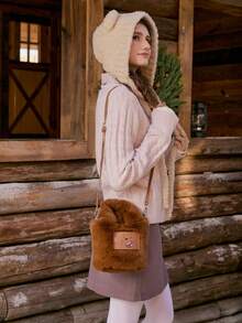 We Bare Bears X SHEIN Ladies Women Top Handle Bags,Crossboby Bags, Cute Cartoon Bear Pattern Faux Fur Plush Bag,Fashionable, Personalized, Simple, Versatile, Hot Girls, Y2k, Autumn And Winter - Brown - View 3
