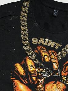 ROMWE MEN Street Life Vintage Street Style Distressed Saint Graphic Long Sleeve Crew Neck Men's T-Shirt - Black - View 4