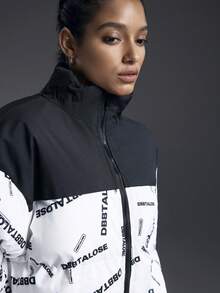 Powerista Women's Thermal Lined Letter Patchwork Sports Jacket, Autumn/Winter - Black and White - View 3