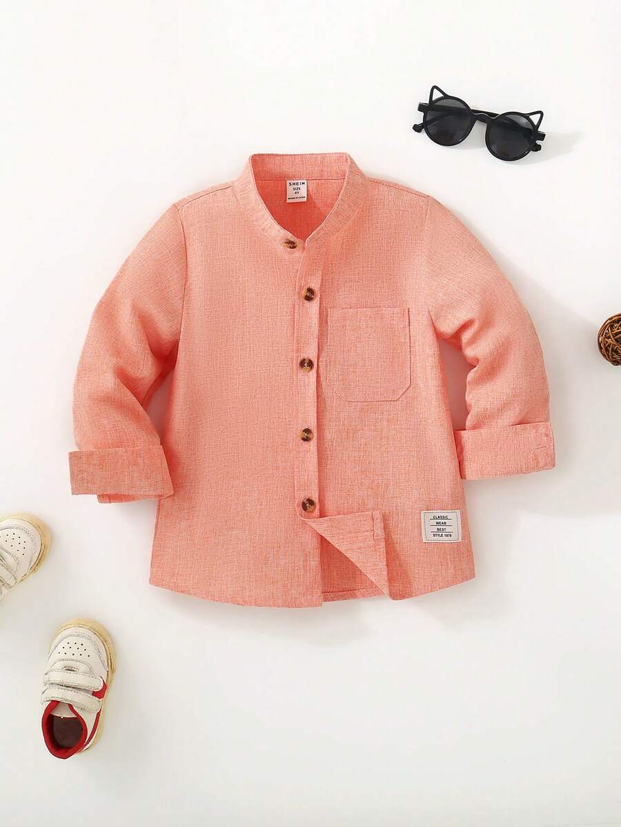 SHEIN Young Boy Solid Color Casual Front Button Stand Collar Versatile Everyday Shirt - Coral Pink - View 1