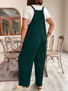 Plus Size Women's Solid Color Dual Pocket Wide Leg Loose Casual Jumpsuit - Dark Green - View 2