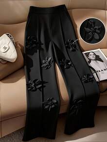 GlowEve CURVE 大码女式纯色优雅3D花卉装饰双口袋时尚百搭个性喇叭裤 - 黑色 - 查看 1