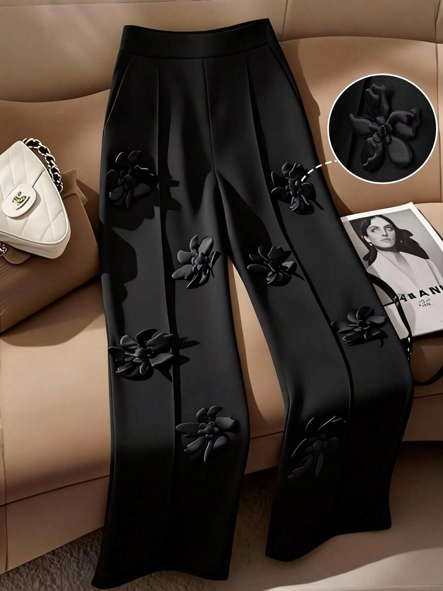 GlowEve CURVE 大码女式纯色优雅3D花卉装饰双口袋时尚百搭个性喇叭裤 - 黑色 - 查看 1