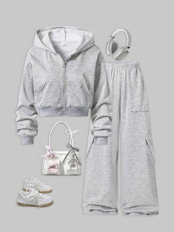 SHEIN Set de 2 piezas: Sudadera con capucha y cremallera holgada de punto para adolescentes + Pantalón de chándal versátil y de moda, adecuado para otoño/invierno