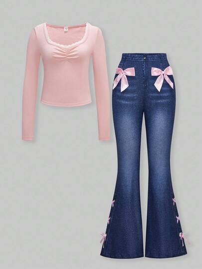 SHEIN ChillGRL Tween Girl 2pcs Denim Effect Knit Bow Decor Flared Pants & Lace Trim Form-Fitting Blouse Set,Casual Outfit