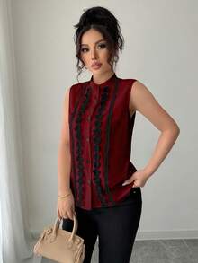 Elenzga Chemise noire ajustée pour femmes avec décoration en dentelle sans manches, taille standard - Rouge foncé - Voir 4