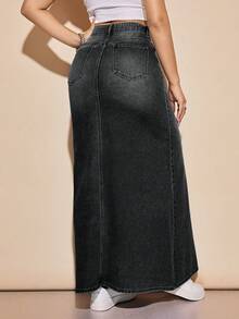 SHEIN Privé Damkjol med hög midja och fickor, extra lång A-linjeformad denimkjol - Svart - Visa 2