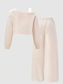 SHEIN Explorewe 2 件套 Tween Girls ME 宽松设计不对称肩部拼色印花长袖上衣和阔腿裤套装，适合日常休闲、通勤、度假、聚会、街头风格、秋冬 - 杏色 - 查看 2