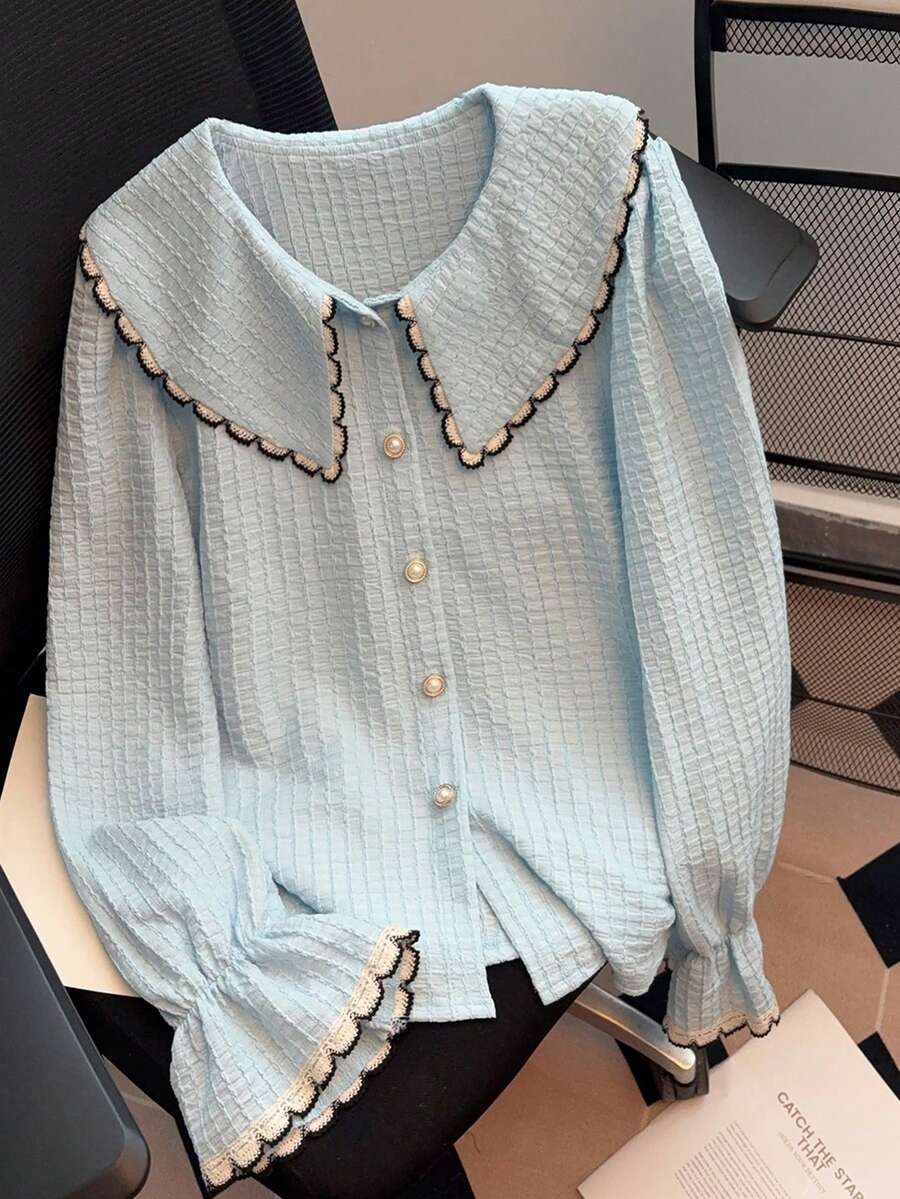 Franclia 新款撞色可爱泡泡袖女式衬衫 - 藍色 - 查看 1