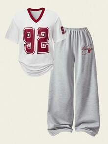 SHEIN ChillGRL 2pcs/Set Teenage Girls Casual Fashion Streetwear Comfortable Numeric Pattern V-Neck Short Sleeve Wide Leg Sweatpants Set - Multicolor - View 6