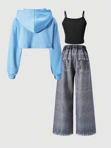 SHEIN Explorewe Quần denim in họa tiết phong cách đường phố rộng rãi cho bé gái tuổi teen Streecool, Áo hai dây lửng, Áo lưới trùm đầu tay dài 3 món, Trang phục thời trang - Màu xanh lam - Xem 3