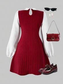 SHEIN ChillGRL Streecool Teen Girl Casual College Style Teen Girl Patchwork Long Sleeve Short Casual Dress Fall Winter - Red - View 2