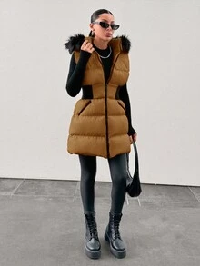 Padded Vest With Furry Hood And Adjustable Waist, Two Side Pockets, Thick And Fashionable Puffer Jacket, Quilting Details - Brown - View 3