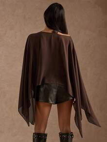 SHEIN BAE 女士棕色波西米亚度假风雪纺飘逸时尚不对称铆钉披肩上衣/金属铆钉上衣/薄纱上衣/沙滩上衣/女士休闲衬衫/度假/棕色上衣 - 鏽棕色 - 查看 2