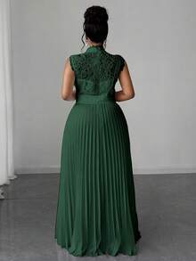 Maweii Váy ren xếp ly eo cao cổ không tay cỡ lớn - Màu xanh lá cây đậm - Xem 2