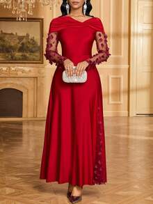 SHEIN Lady Women's Twist Decor Applique Mesh Long Sleeve Elegant Dress Red Dress, New Year's Dress, Christmas, Valentine's Day,Dresses For Women Elegant Red Wedding Guest Dress - Red - View 3