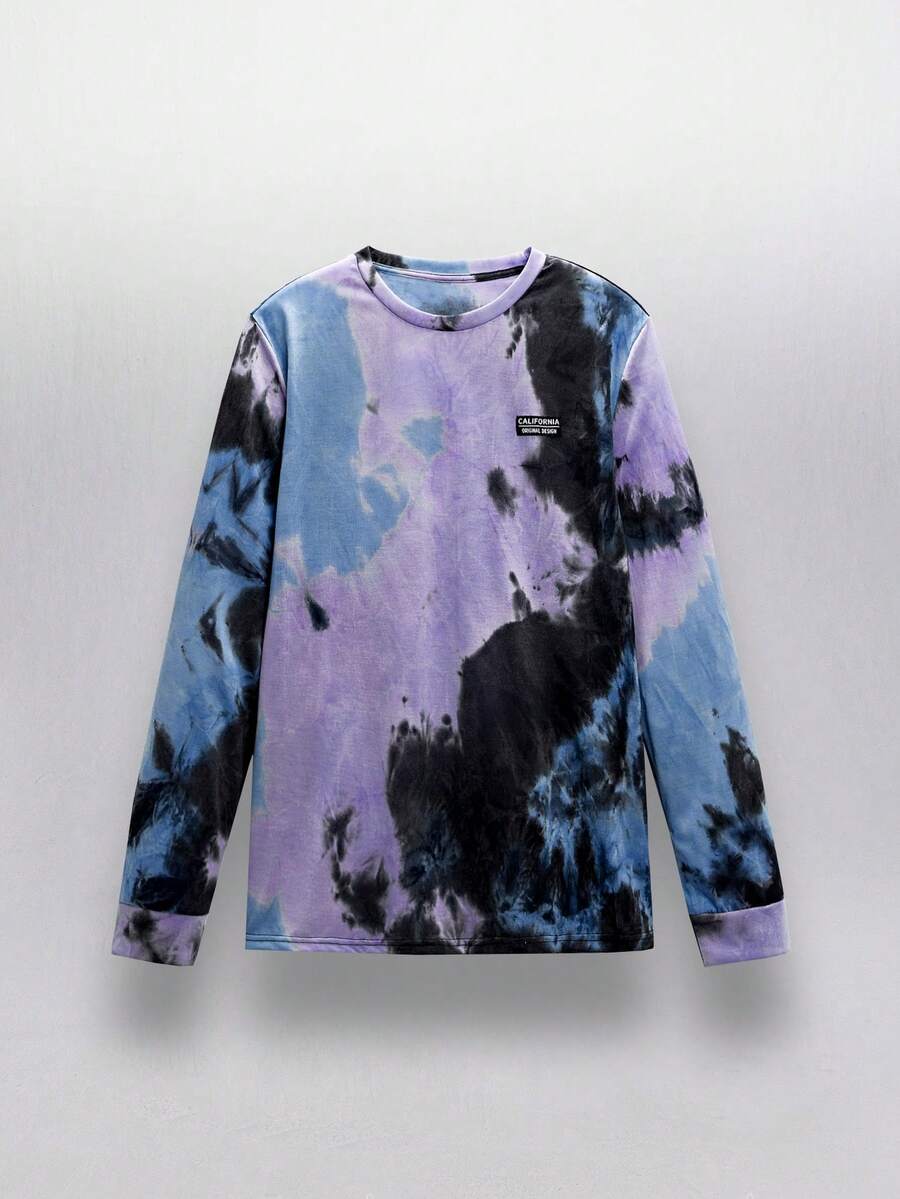 AXEPEAK Men's Letter Graphic Crew Neck Long Sleeve Casual Tie-Dye T-Shirt - Multicolor - View 1