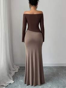 Elenzga 女士优雅露肩褶皱修身鱼尾连衣裙 - 棕色 - 查看 2